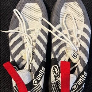 adidas Men’s Knit Sneakers in Black, Gray & White with Red Pull Tab